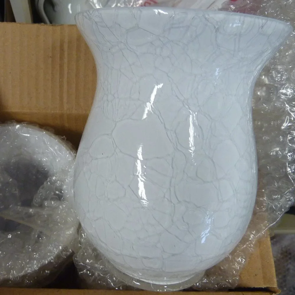 Set of 2 Snow White Crackle Glass Candle Holders 5.5” Soft Glow Small Pillar